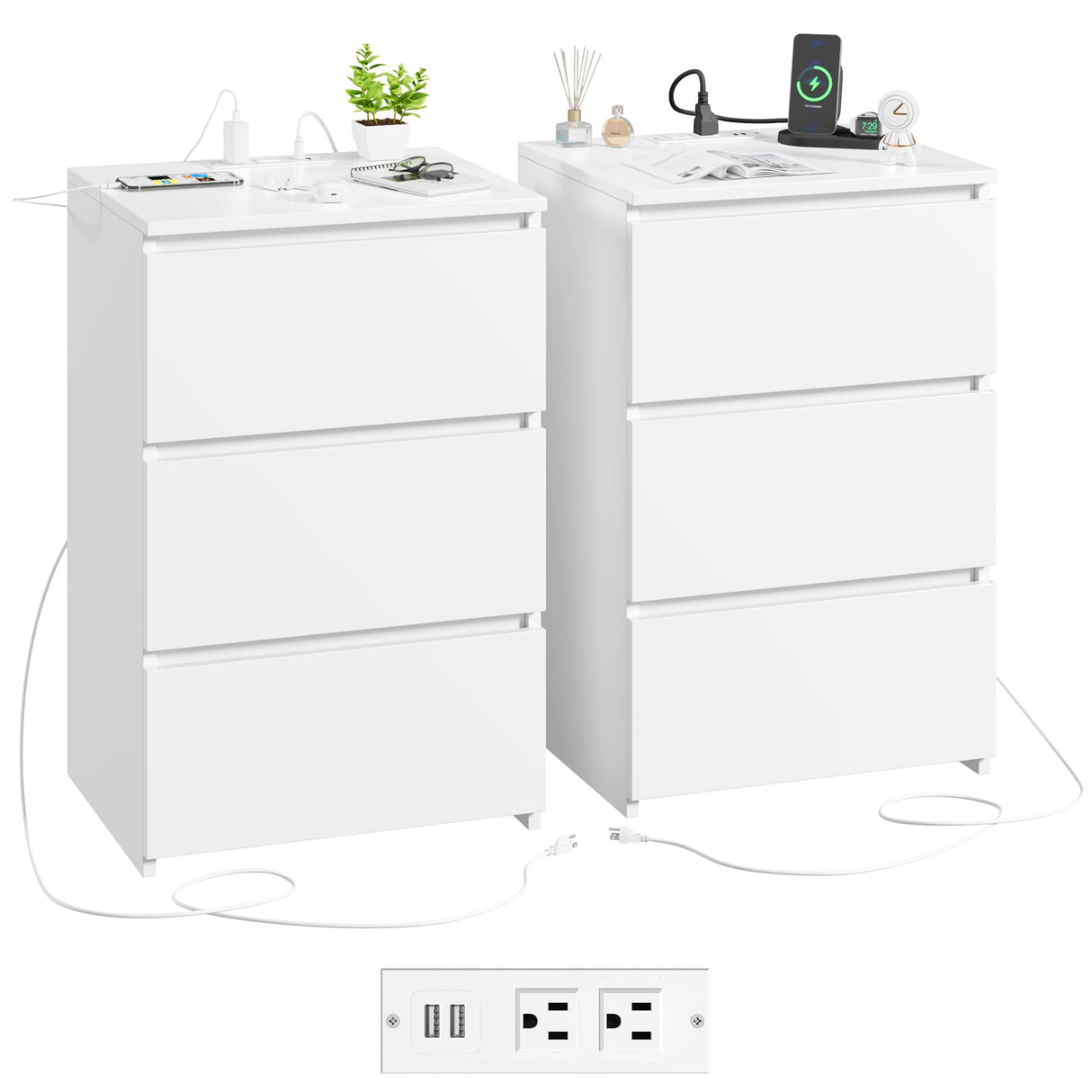 FOTOSOK White Nightstand Set of 2, 26" H White Night Stand with Charging Station, Nightstand Set 2 with USB Ports & Power Outlets, Silent Slides, Wooden End Side Table Bedside Table for Bedroom FOTOSOK
