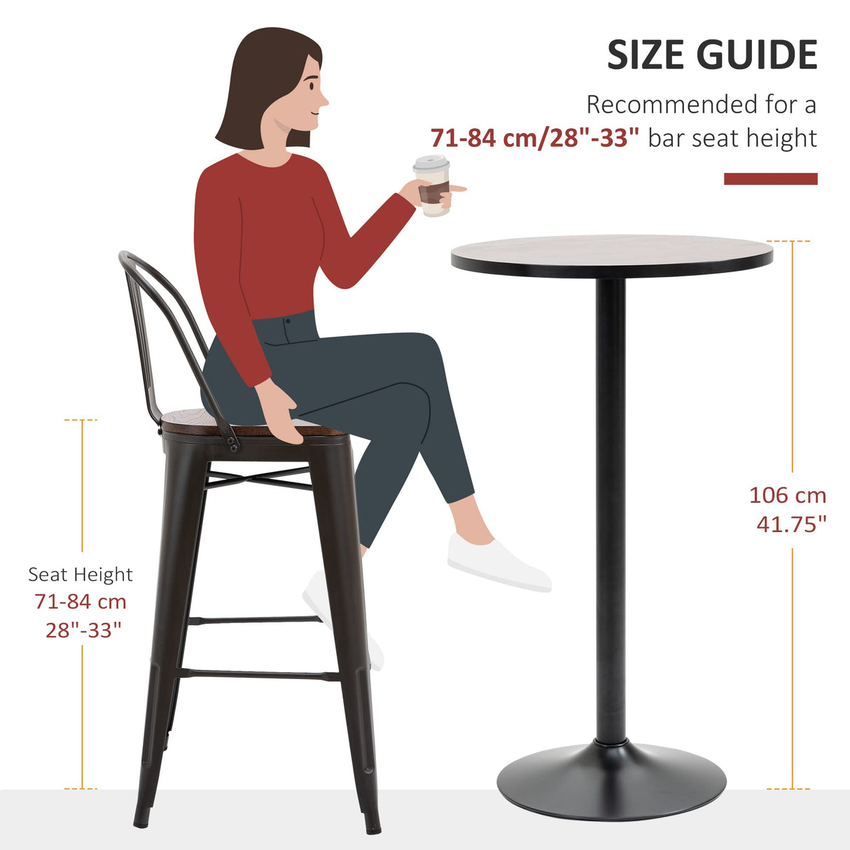 Rustic Industrial 42" Round Bar Table with Weathered Elm Wood Top and Sturdy Metal Base Aosom