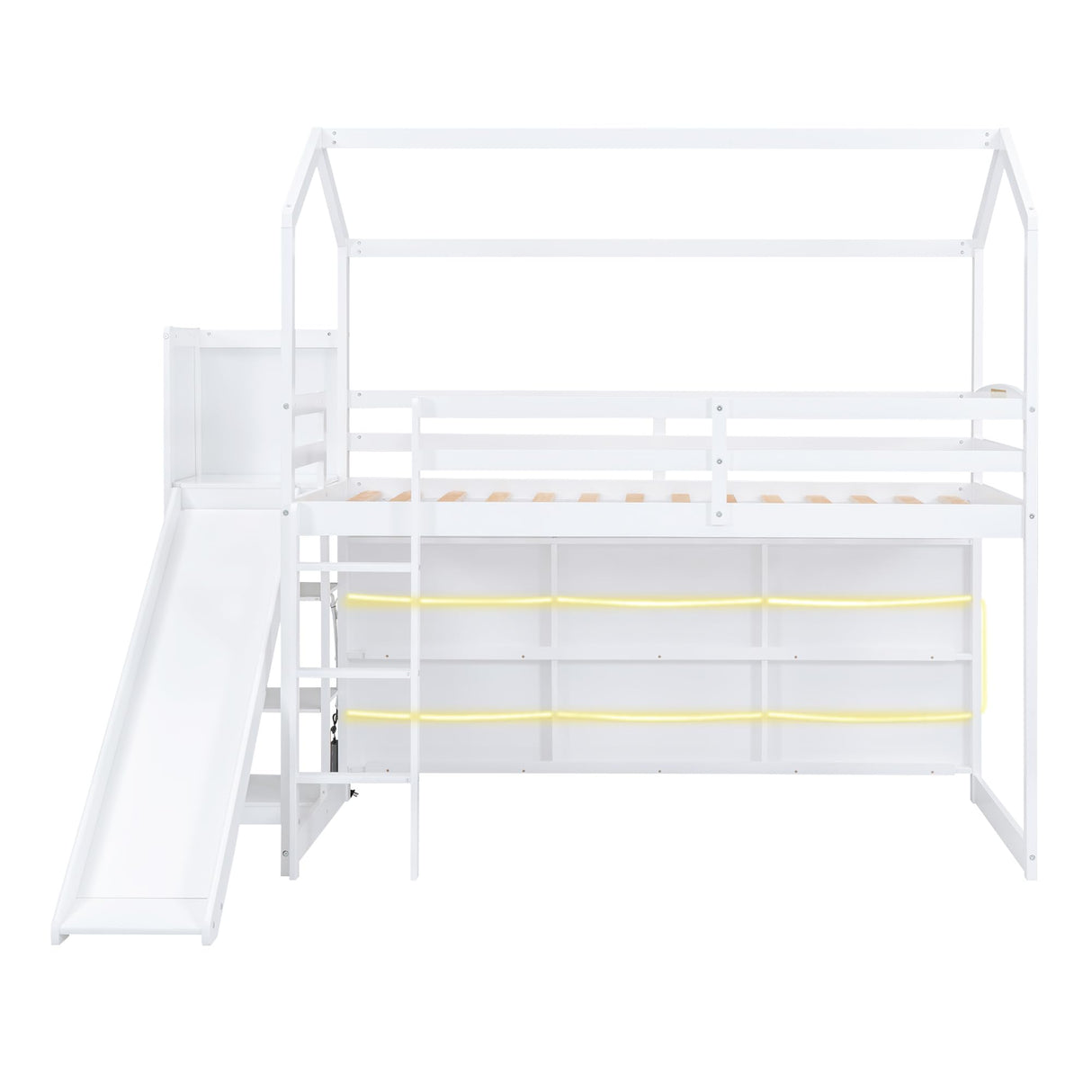 Merax White Twin Size House Loft Bed with Slide and Storage Shelves for Kids Merax