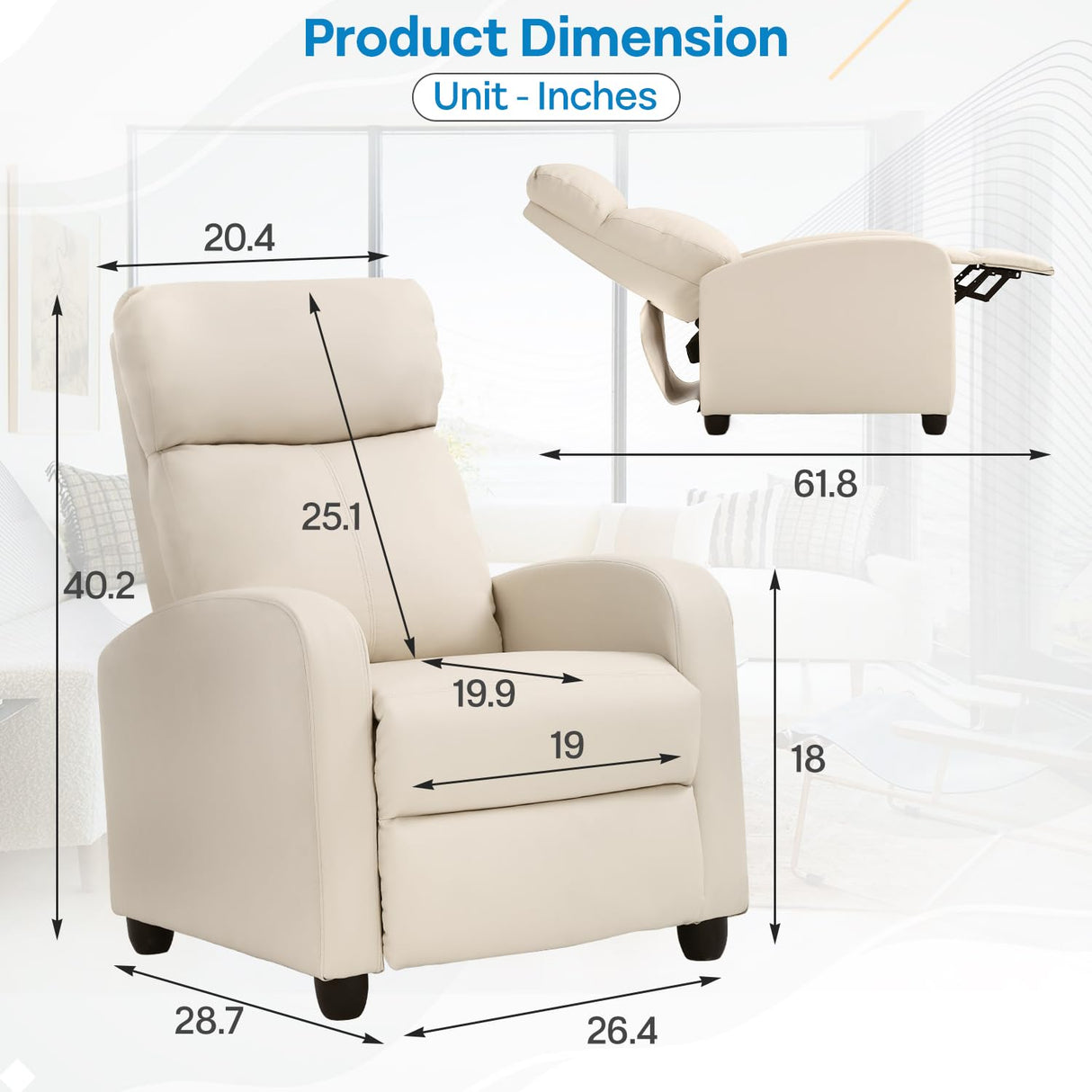Dopinmin Recliner Chair PU Leather Reclining Sofa Lounge Home Theater Seating with Lumbar Support Overstuffed High-Density Sponge Push Back Recliners Armchair for Living Room,Beige Dopinmin
