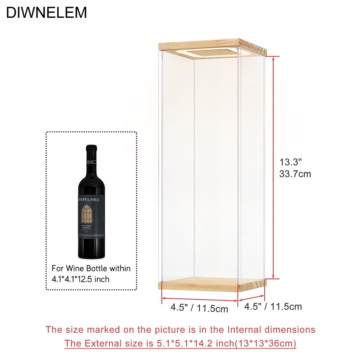 DIWNELEM Wood Acrylic Wine Bottle Display Case with LED Light Acrylic Wine Glass Holder Wine Display Case Dustproof for Red Wine,Champagne,Liquor,Whiskey,Beer,Beverage Bottle (5.1*5.1*14.2") DIWNELEM