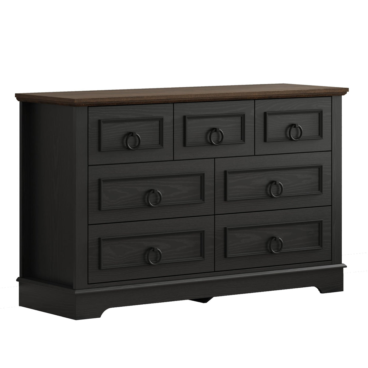 LIKIMIO Farmhouse Dresser for Bedroom with 7 Drawer, 47.2" Wide Wood Rustic Chest of Drawers with Round Metal Handle, Thickened Desktop, Storage Dressers for Bedroom, Hallway, Entryway, Black LIKIMIO