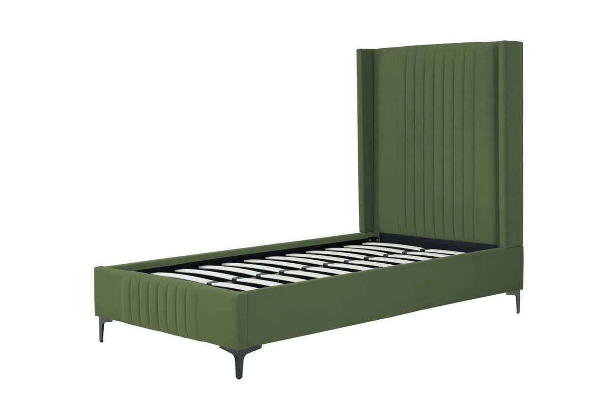 Manhattan Comfort Promenade Mid-Century Modern Velvet Upholstered Twin-Size Bed Frame - Luxurious Foam Padding, No Box Spring Needed, Stylish Vertical Stitched Headboard, Moss Green Manhattan Comfort