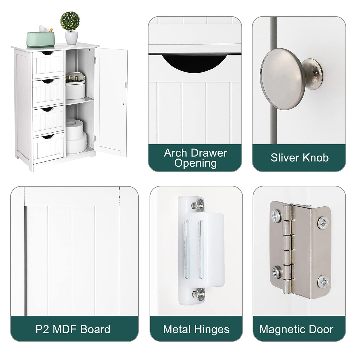 Bonnlo Compact White Wooden Bathroom Storage Cabinet with 4 Drawers and Cupboard Bonnlo