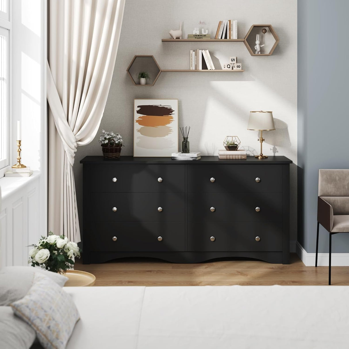 Furmax 6 Wood Drawers Dresser for Bedroom, Double Dresser for TV up to 65 inch, TV Stand Storage Chest of Drawers for Living Room Hallway Entryway (Black) Furmax