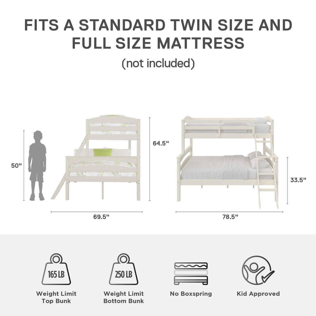 DHP Brady Wood Bunk Bed Frame, Twin Over Full, White DHP