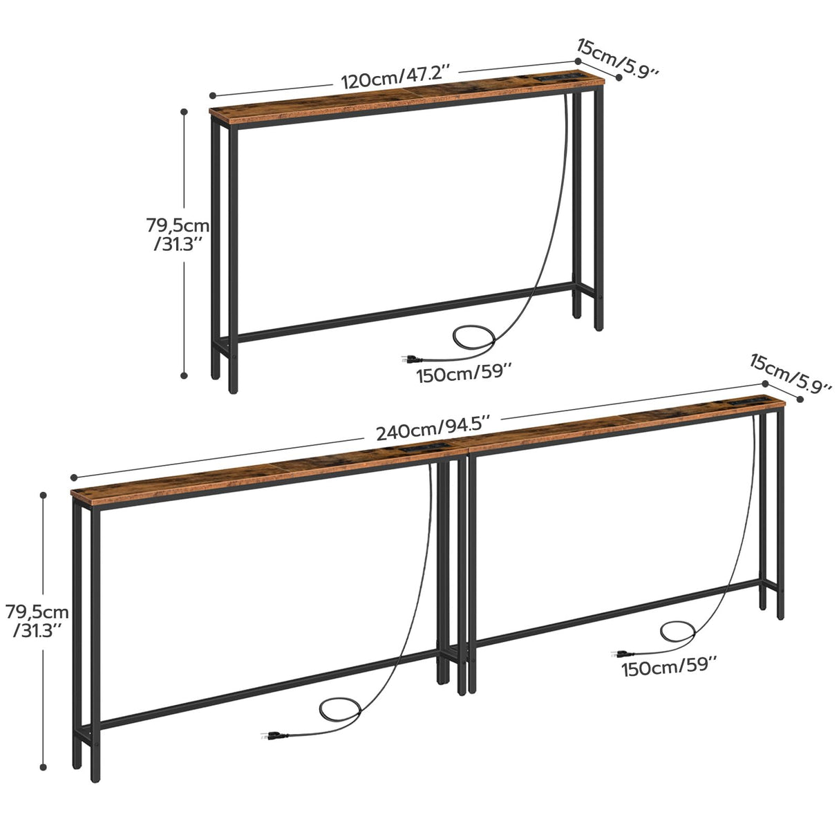 HOOBRO 2 Pack 5.9" Narrow Console Sofa Table with Power Outlets, 47.2" Long Behind Couch Table with Charging Station, Skinny Sofa Table for Living Room, Foyer, Rustic Brown BF15XGP201G1 HOOBRO