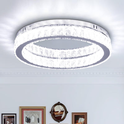 Fintonglan 17.7" Crystal Flush Mount Ceiling Light Fixtures Modern Round LED Chandelier Light Fixture Ceiling Lamp for Living Room Dining Room Kitchen 48W 6000K