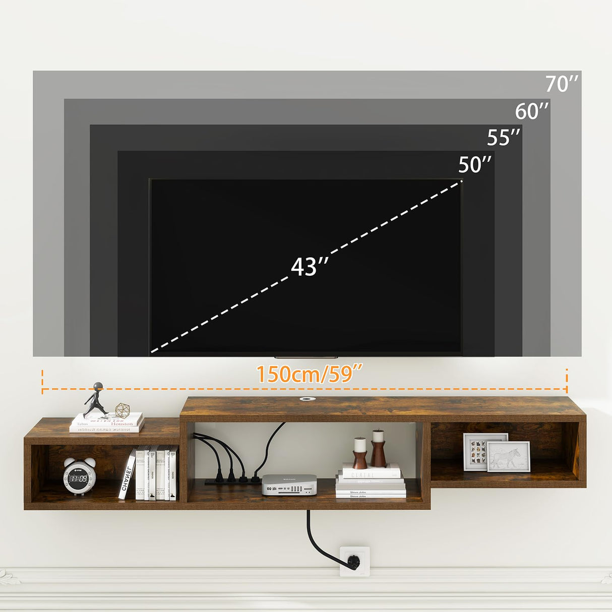 IBUYKE 59" Floating TV Stand Wall Mounted with Power Outlet,Wood Wall Mounted Media Console Shelf,Floating Entertainment Center for Under TV Storage for Living Room Bedroom Office,Rustic Brown WST007H IBUYKE