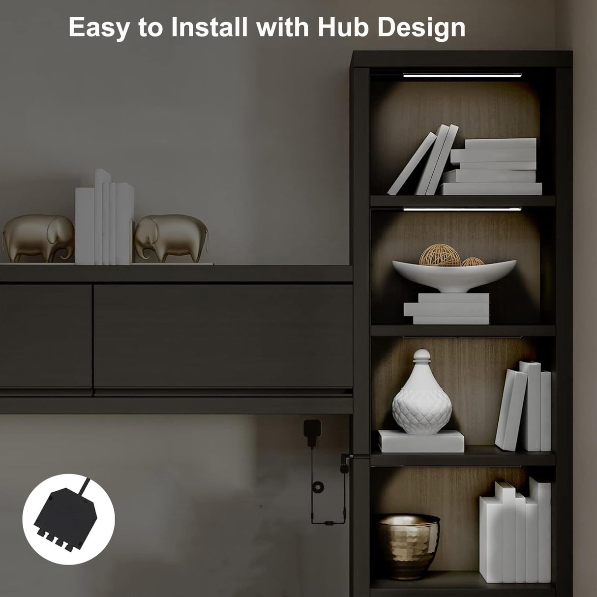 Martronic 4-Pack 12 Inch LED Display Case Lighting Kit, Black Dimmable Bookshelf Light Bars with 12V Power Adapter, 6000K Bright White, Plug-in Slim Lights for Shelves, Curio Cabinets, and Bookcases Martronic