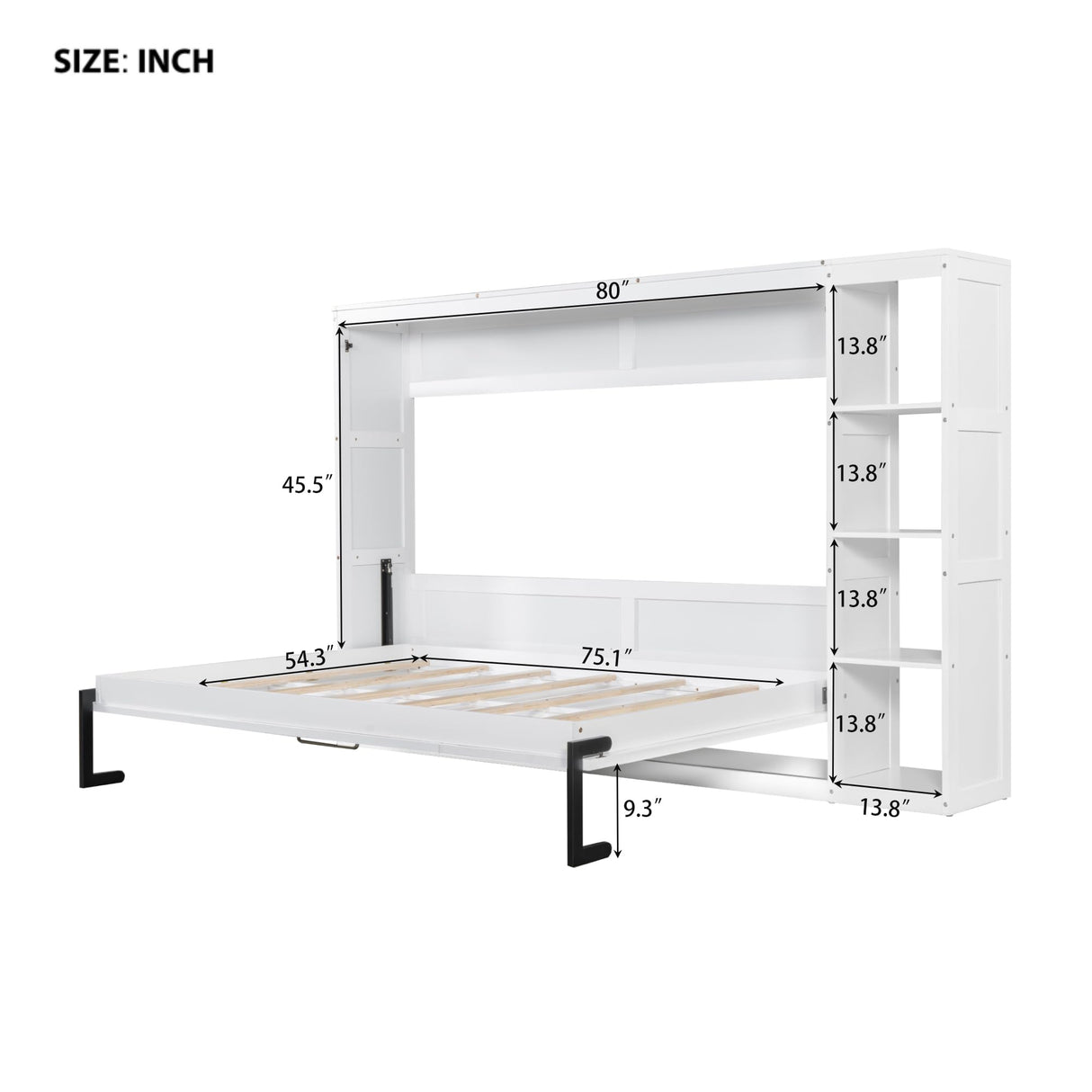 HABITRIO Full Size Murphy Bed, Wooden Wall Cabinet Bed with Bookshelf, White HABITRIO
