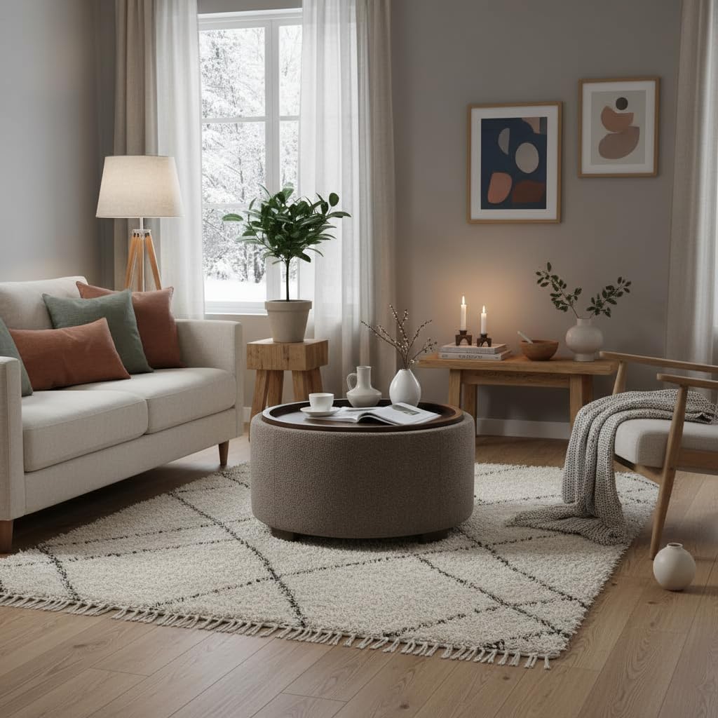 Zihanhome 30 Inch Round Storage Ottoman Coffee Table, Modern Boucle Ottoman with Lift-Off Lid and Solid Wood Legs for Living Room, Bedroom, Corners, Apartments (Brown) Zihanhome