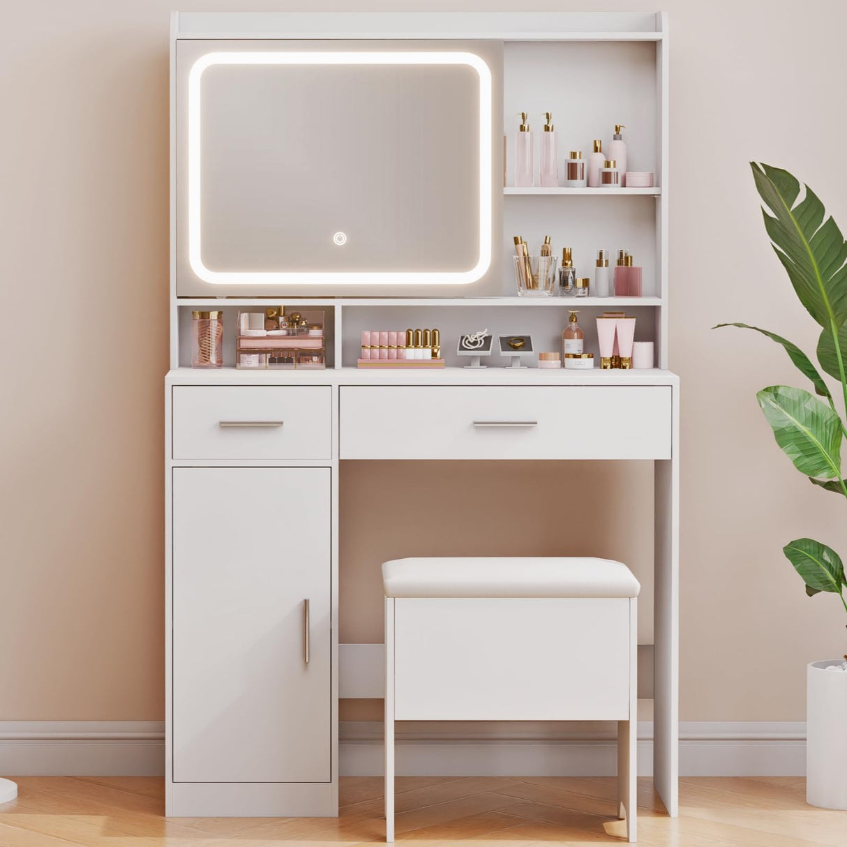 Hogxp Vanity Desk with Sliding Mirror & Power Outlets - Dimmable LED Lighting, 4 Open Shelves, 2 Drawers, 1Storage Cabinet & Padded Stool - Ideal Bedroom Makeup Dressing Table (White) Hogxp