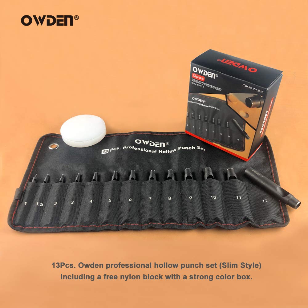 OWDEN Professional 13 Pc Leather Hole Punch Set (Slim Style) 1.0-12MM for Belt, Watch Band & Strap Gasket. Includes Free 3" Nylon Mat OWDEN