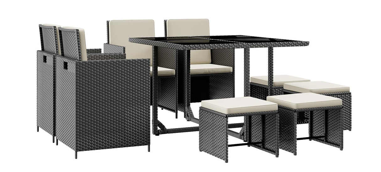 LHBcraft 9 Pieces Patio Dining Sets Outdoor Conversation Sets, Space Saving Wicker Chairs with Glass Table and Ottomans, Cushioned Seating and Back Sectional Dining Sets(BK-WH) LHBcraft