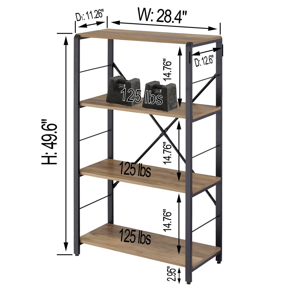 FOLUBAN 4-Tier Rustic Industrial Bookshelf in Oak Finish FOLUBAN