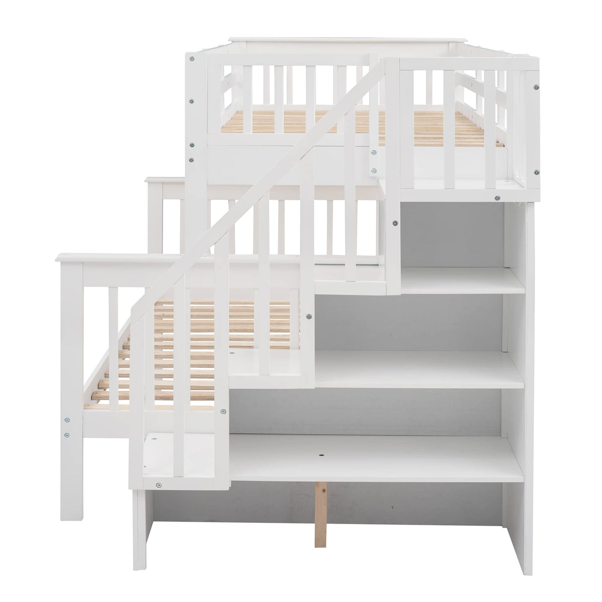 MERITLINE Twin Over Full Bunk Bed with Trundle, Wooden Bunk Bed with Stairway, Storage and Guard Rail for Kids, Adults (White) MERITLINE