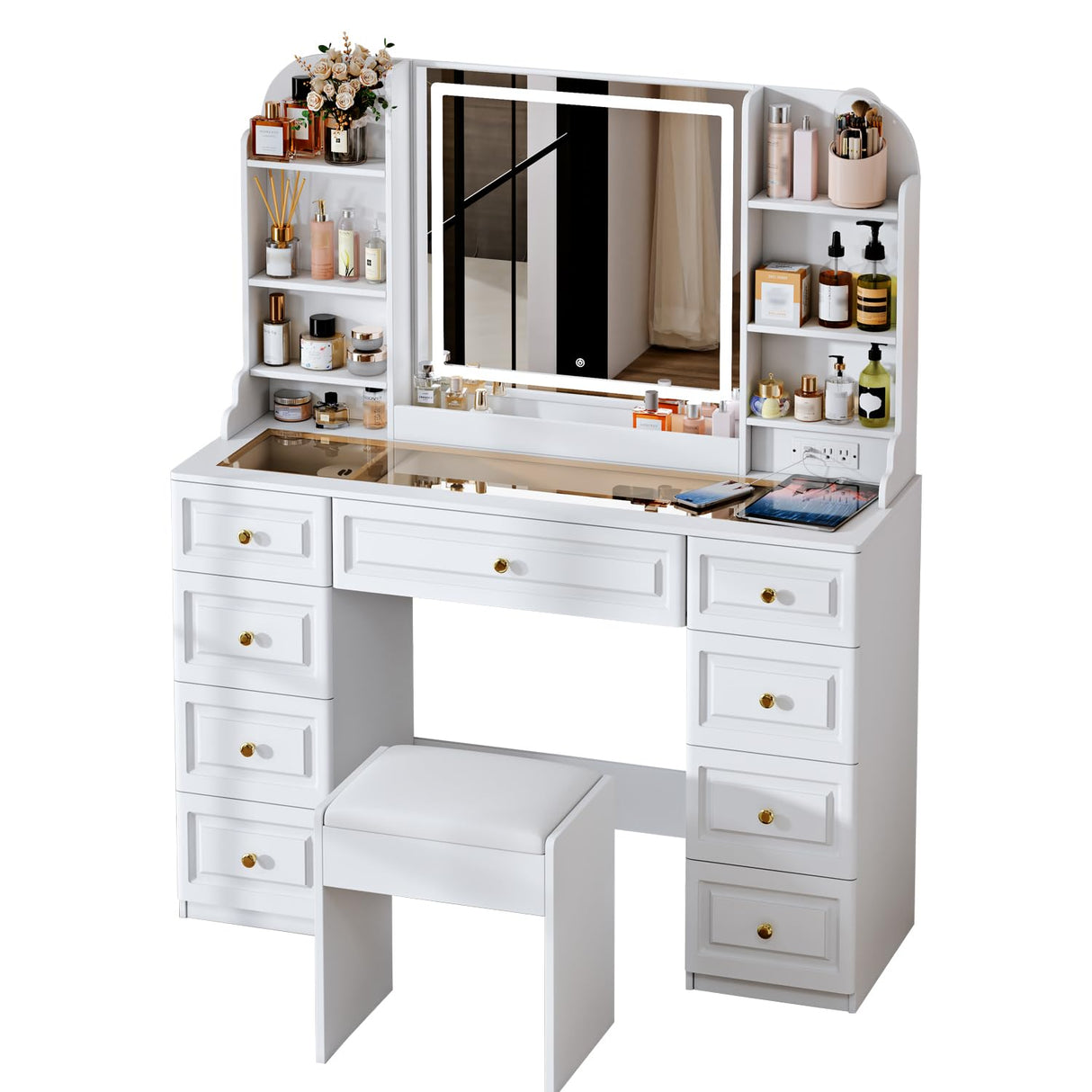 Arulvmrn 42" Makeup Vanity Desk with Mirror and Lights, & Power Outl, Glass Top Big Vanity Table with 9 Drawers& 8 Storage Shelves, Dressing Table Set with Chair for Bedroom, White Arulvmrn