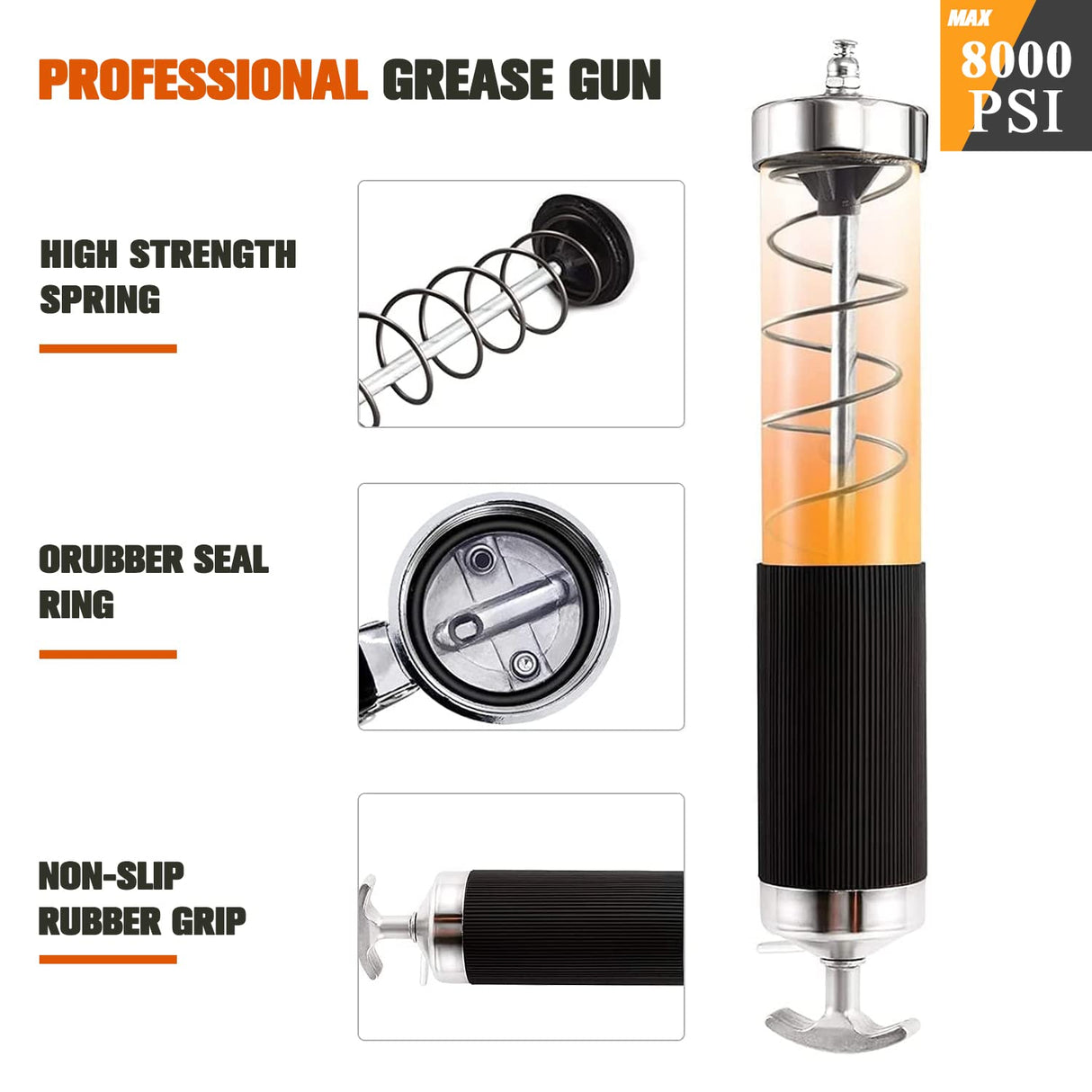 HANTUO Grease Gun, 8000 PSI Heavy Duty Pistol Grip Grease Gun Kit with 14 oz Load, 18 Inch Spring Flex Hose, 2 Grease Couplers, 2 Extension Rigid Pipes and 1 Sharp Type Nozzle, Suit for Zerk Fittings HANTUO