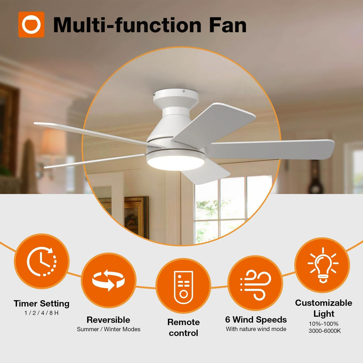 addlon Ceiling Fans with Lights, 42 Inch Low Profile Ceiling Fan with Light And Remote Control, Flush Mount, Reversible, 3CCT, Dimmable, Quiet, White Small Ceiling Fan for Bedroom Indoor/Outdoor Use addlon
