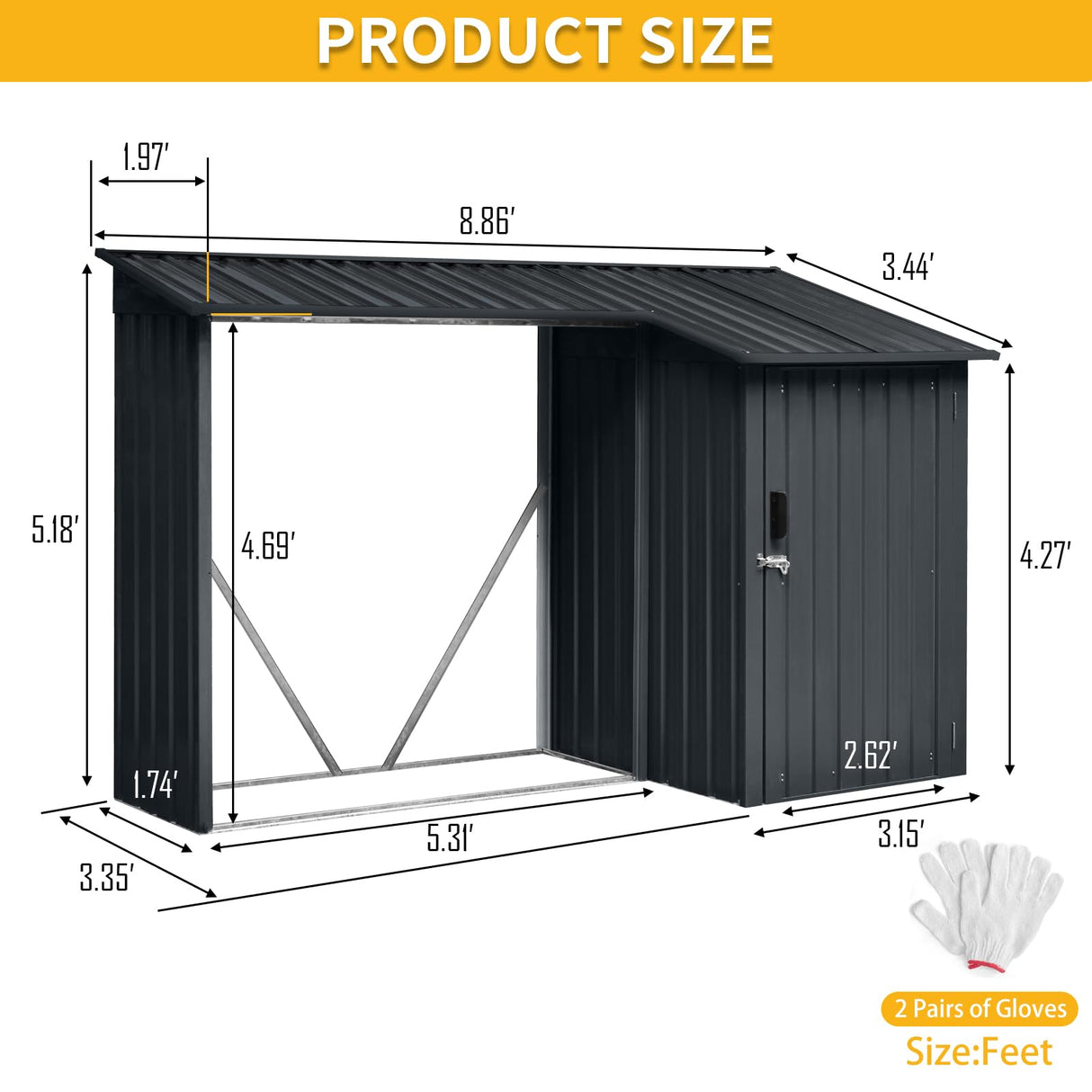 Ball & Cast 106.5" Outdoor Steel Firewood Rack Metal Storage Shed with Door and Reinforced Base,Multi-Functional 2 in 1 Waterproof Cabinet W/Roof,for Equipment Machines,Black Ball & Cast