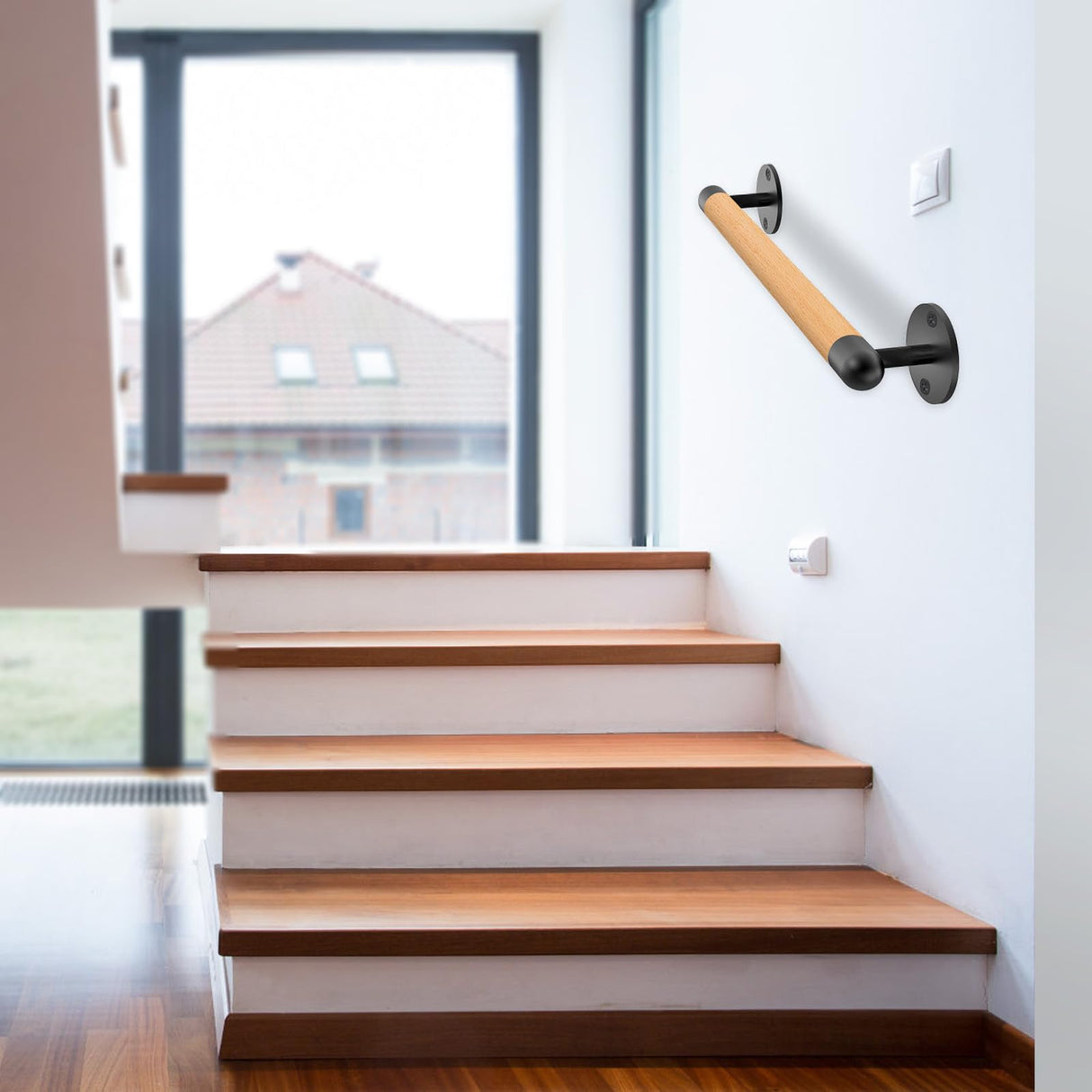 SELEWARE 26 Inch Wood Handrail Stair Handrail Drywall or Concrete Mount Handrail w/Sturdy Metal Base, Barrier-Free Staircase Grab Bar for Elderly, 1.3 Inch Round SELEWARE