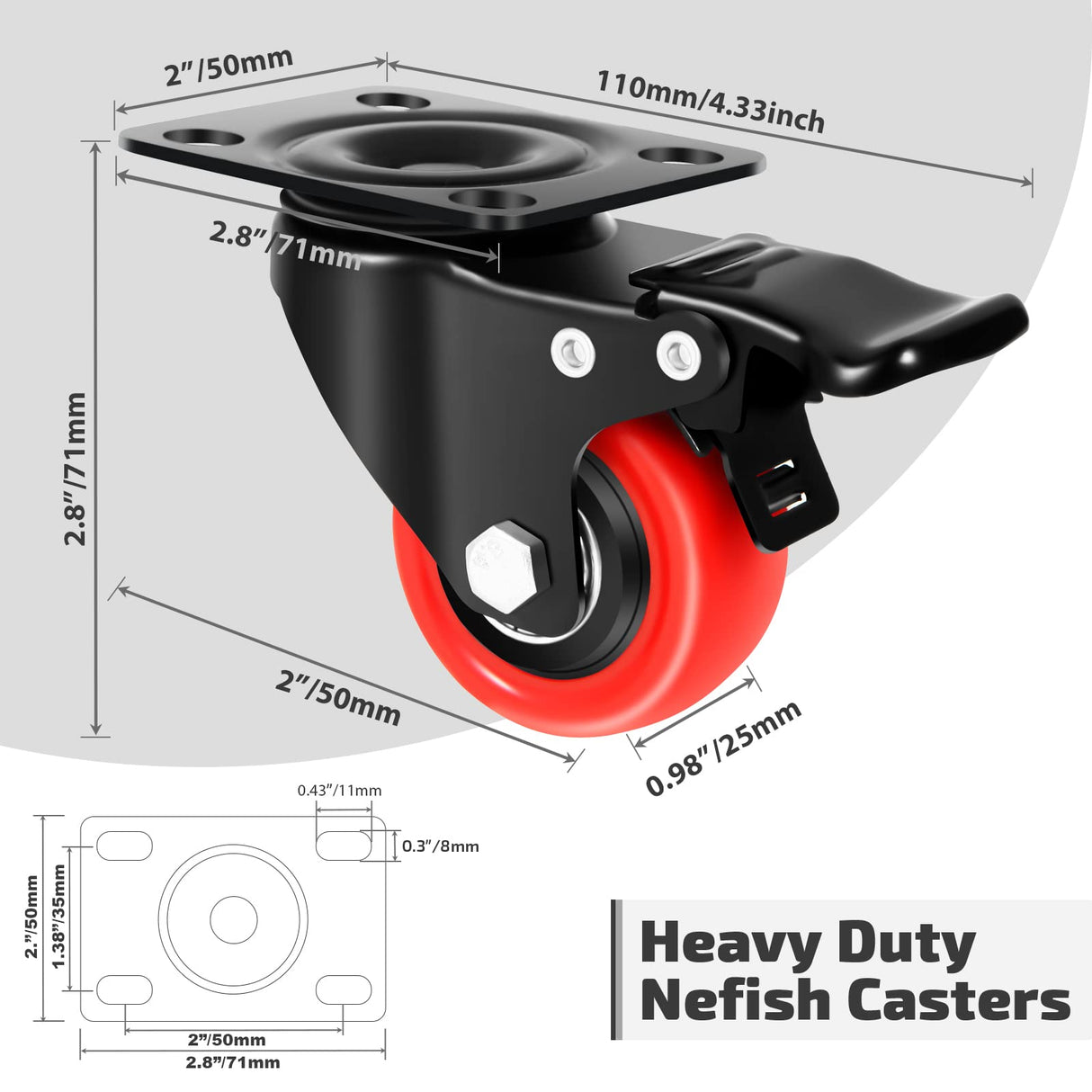 Nefish 2 Inch Casters Wheels (8 Pack), Heavy Duty Top Plate Caster Wheels with Brake 1200 Lbs, 360 Degree Durable Locking Furniture Swivel Castors, No Noise Polyurethane Wheels for Cabinet, Furniture Nefish