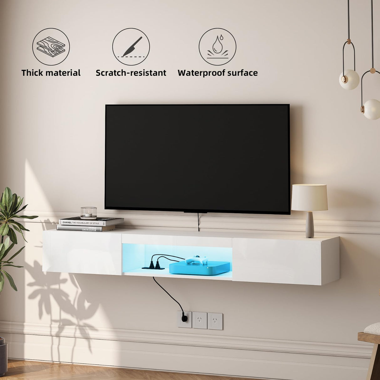 Floating TV Stand Shelf for TVs up to 80 Inch, Floating TV Cabinet with LED Light, Modern Wall Mounted Media Console Shelf with Power Outlets, Entertainment Center for Under TV Storage, White Msutree