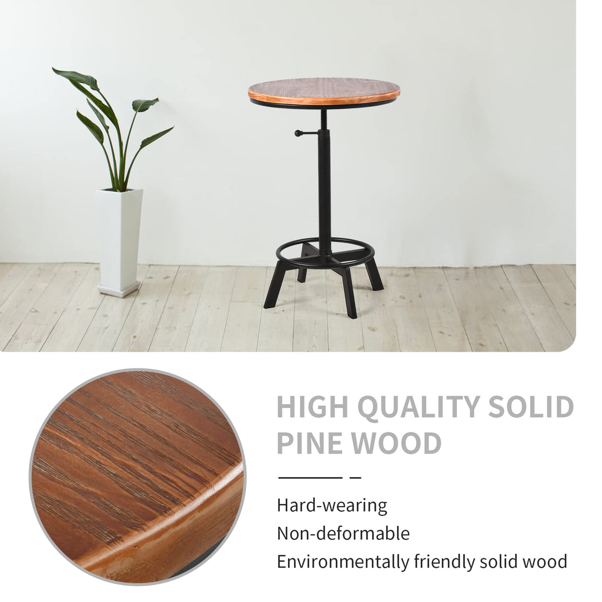 BOKKOLIK Height Adjustable Vintage Industrial Bar Table with 360° Swivel Wooden Top BOKKOLIK