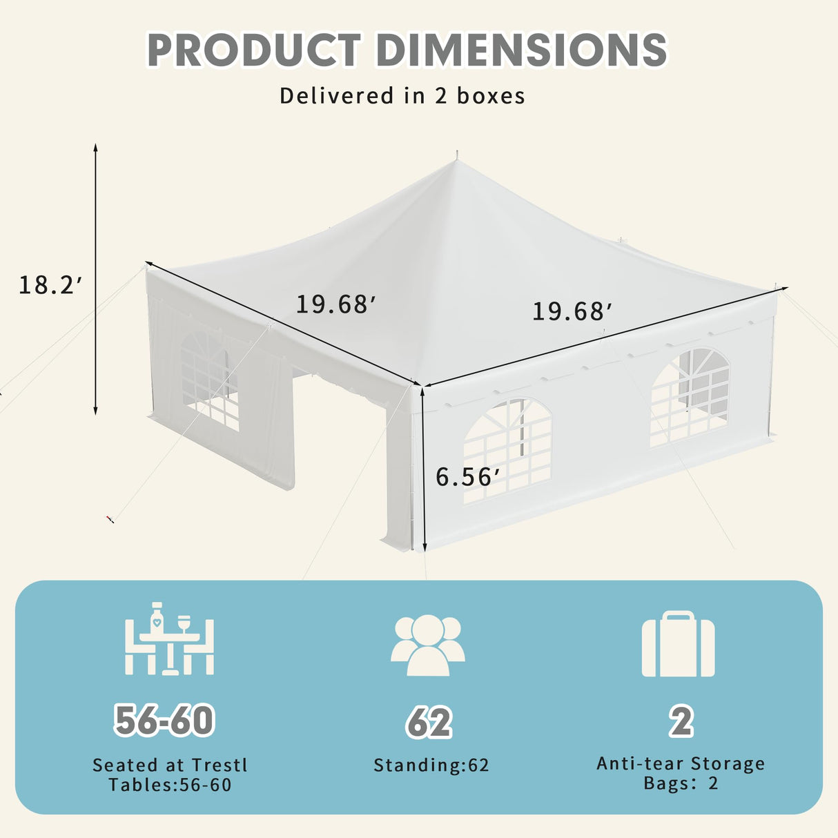 EROMMY 20x20ft Pole Party Tent, Weekend Canopy Heavy Duty with Sidewalls, 2 Doors, Carry Bags, PVC Fire Retardant Outdoor Canopies for 62 People, Large Tents for Parties, Events, Weddings, White EROMMY