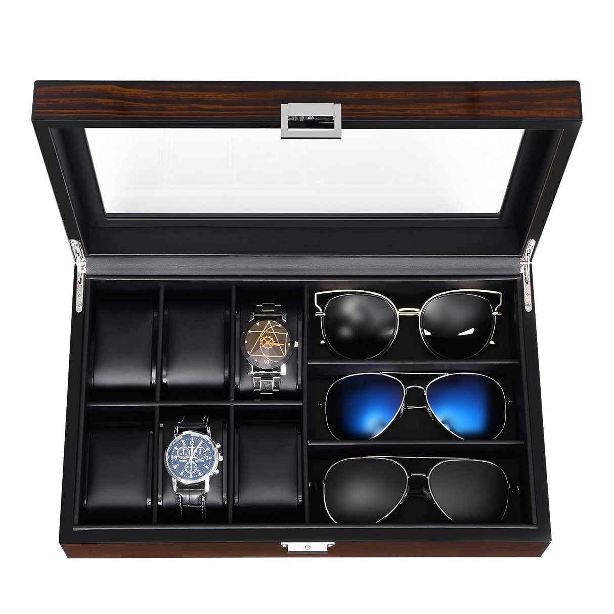 BEWISHOME Watch Box Sunglass Organizer with Real Glass Top, 6 Watch Case and 3 Slots Sunglasses Box for Men, Smooth Faux Leather Interior, Brown SSH15Y BEWISHOME