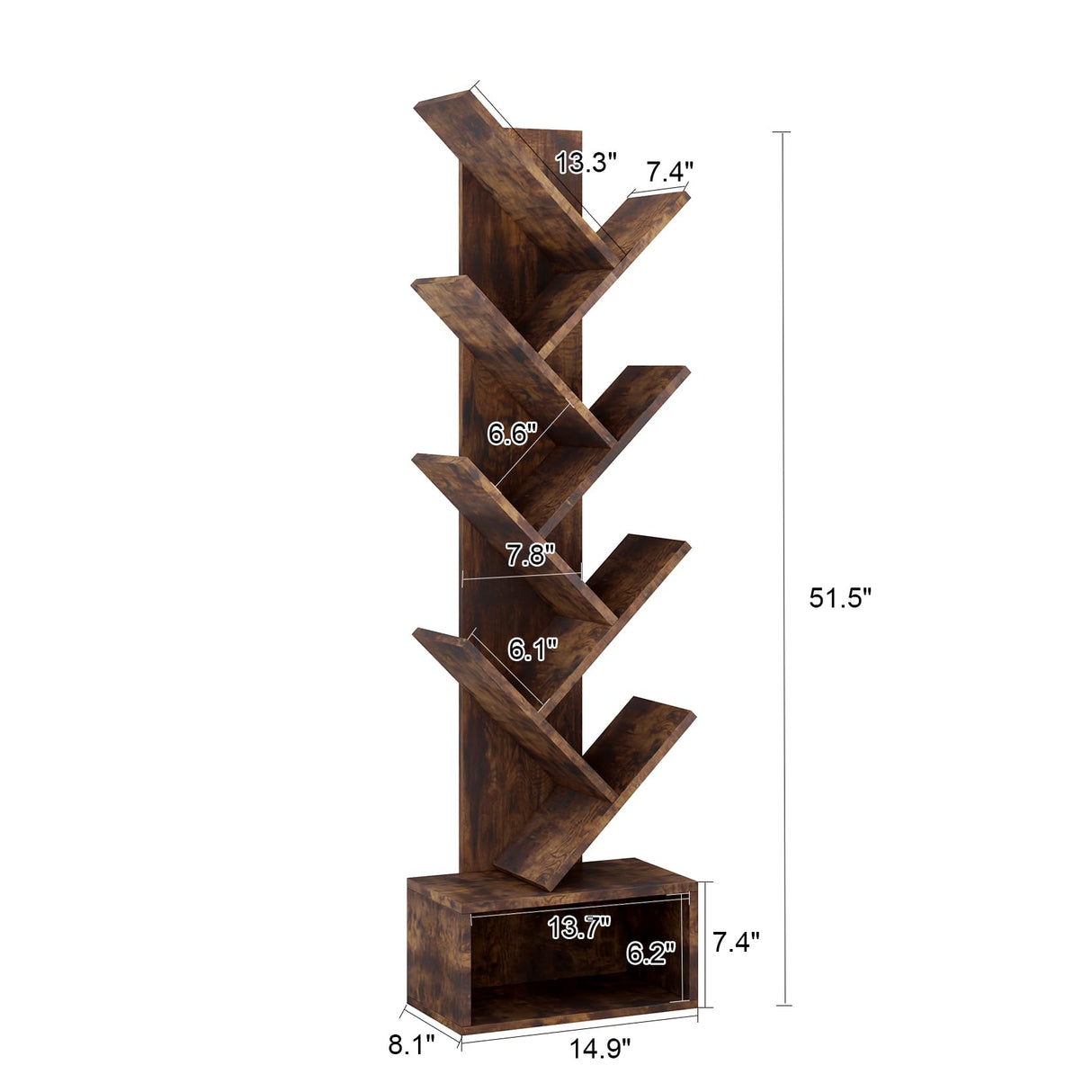 JoanKaren Tree Bookshelf with Storage, 8 Tier Wooden Tall Book Shelf, Floor Standing Bookcase for Kids and Adults, Utility Organizer Shelves for Living Room, Bedroom, Home Office, Brown JoanKaren