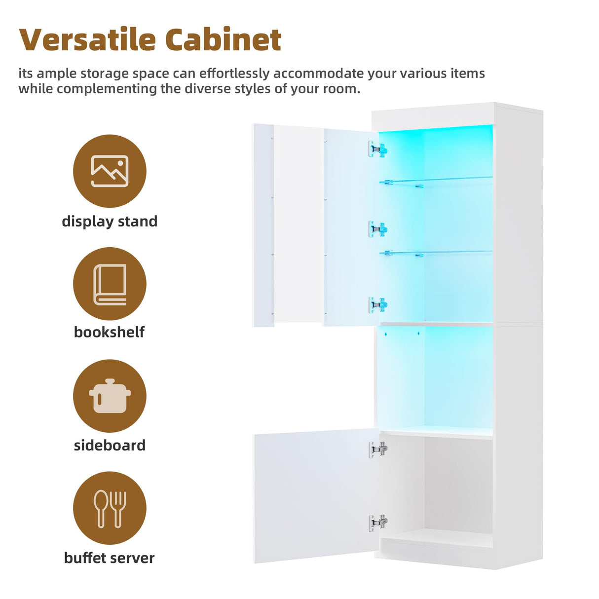Ball & Cast High Gloss Storage Cabinet with LED Lights,67" Tall Pantry Cabinet W/Acrylic Door,Modern Bookcase & Display Cabinet W/Open Countertop & Tempered Glass Shelves for Living Room,White Ball & Cast