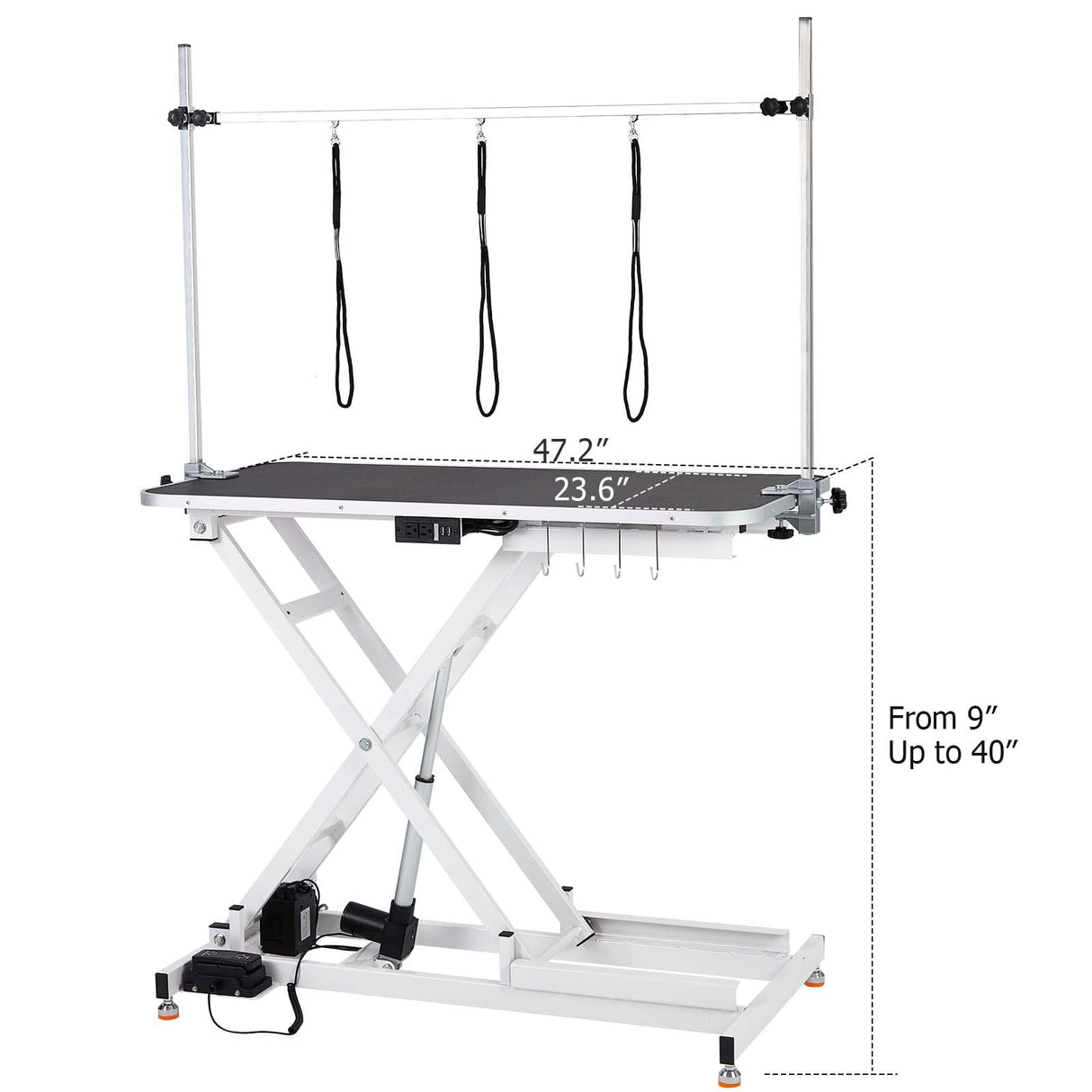 Upgraded Electric Dog Grooming Table - Heavy Duty, Height Adjustable (9.4"-39.4") Pet Grooming Table w/Leveling Wheels, X Lift, Anti Slip Tabletop & Tool Organizer/Dog Grooming Station, 47"/White PioneerWorks