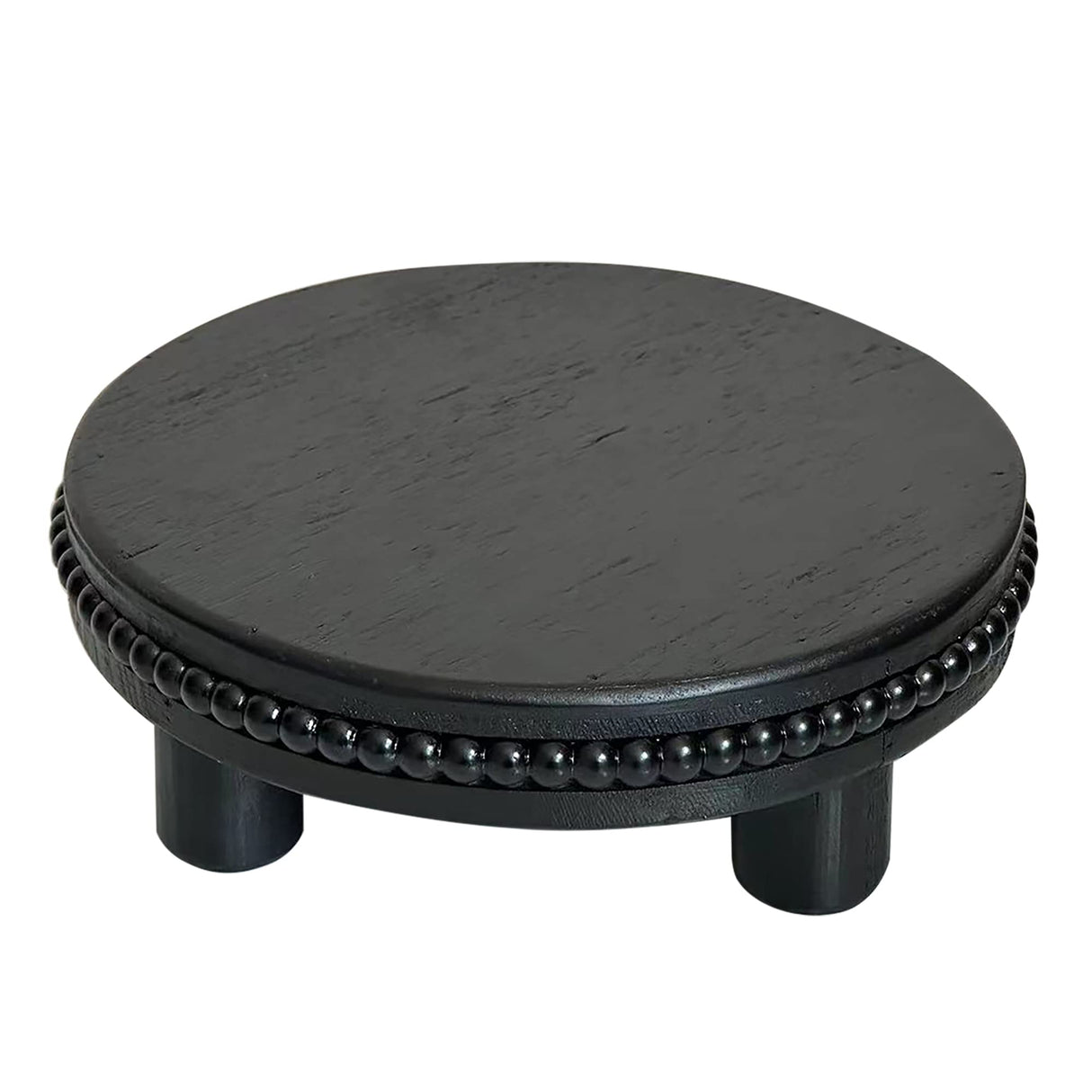 dwellington Farmhouse Beaded Wood Tray Risers for Display, 7.6” Wooden Decorative Tray for Kitchen Home Decor, Display Pedestal Stand for Countertop, Black Round Wood Riser for Soap Dish dwellington