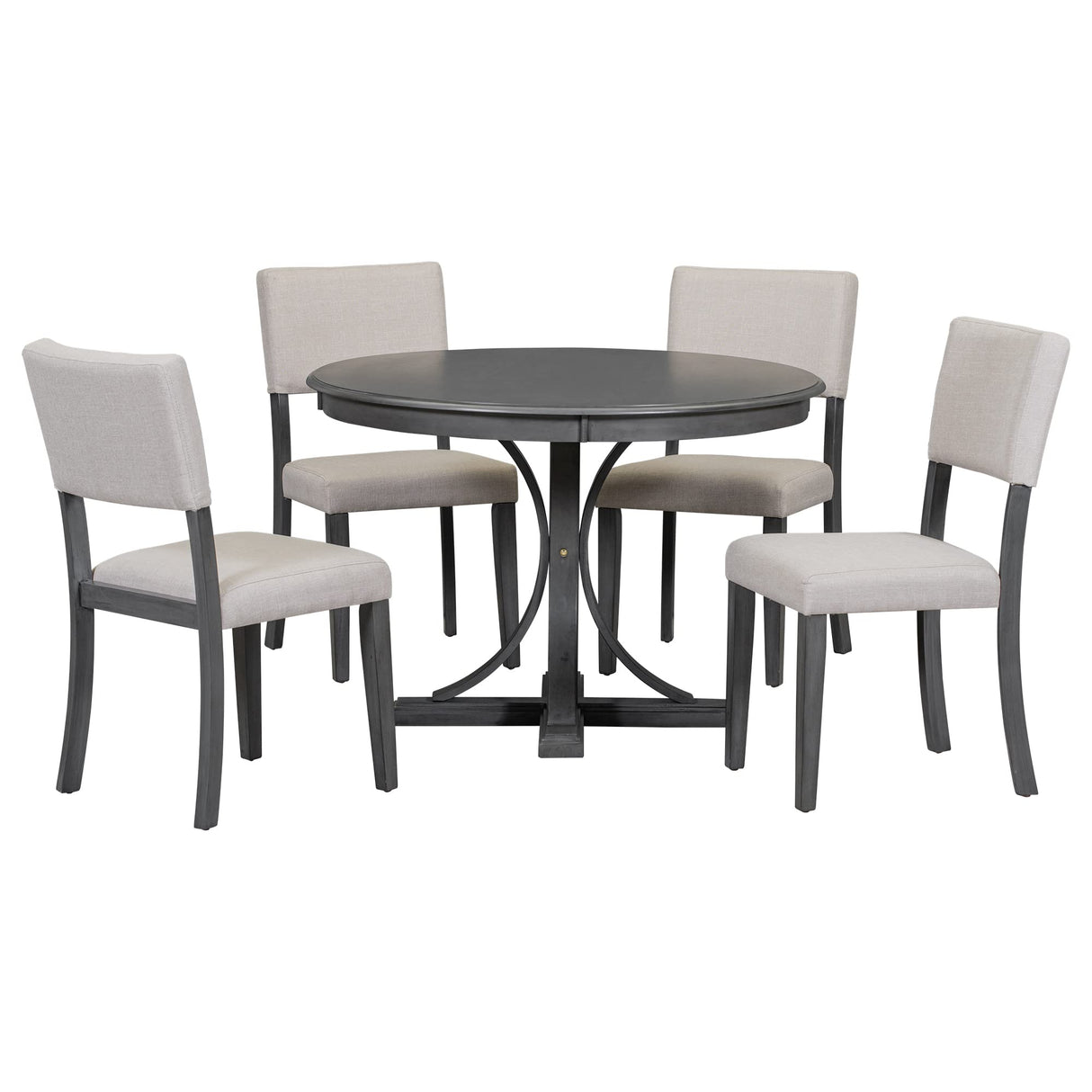 Merax 5-Piece Retro Round Dining Table Set with Curved Trestle Style Legs and 4 Upholstered Chairs, Kitchen Furniture, Dark Gray Merax
