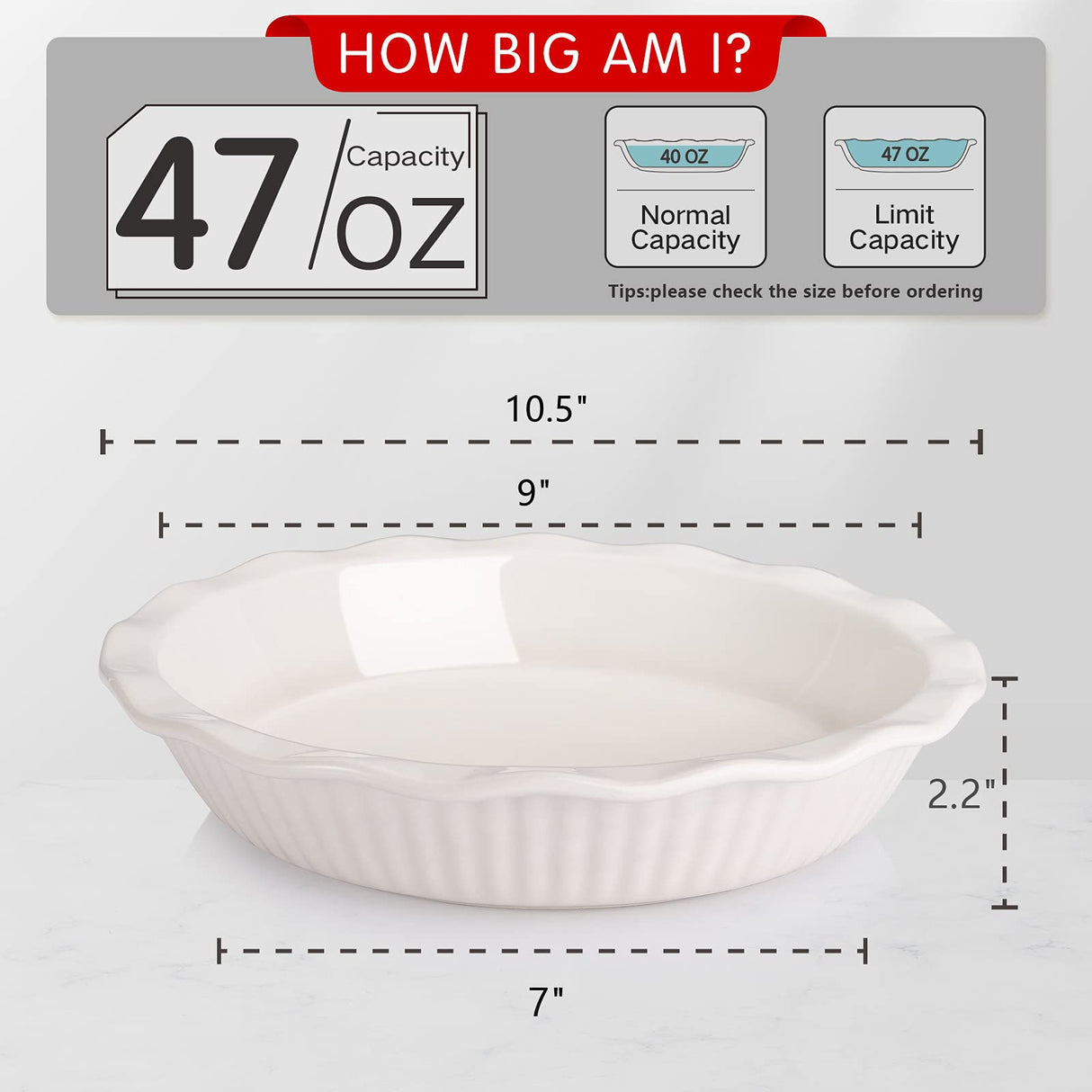 AVLA Ceramic Pie Dish for Baking, 9 Inches/ 47OZ Pie Pan Pie Plate Round Baking Dish Pan with Ruffled Edge for Kitchen Cooking Dessert Dinner, White, Set of 2 AVLA