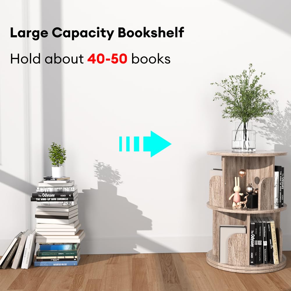 Nidouillet 2-Tier 360° Rotating Bookshelf - Space-Saving Grey Oak Round Bookcase for Adults Nidouillet