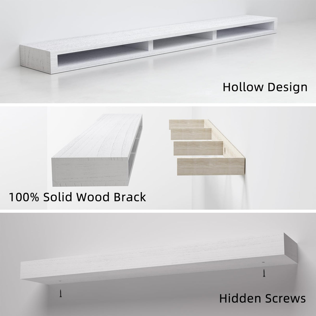 SAUMONIERES Fireplace Mantel Shelves 60 Inch Solid Wood Wall Mounted Long Floating Shelf Hollow, White SAUMONIERES