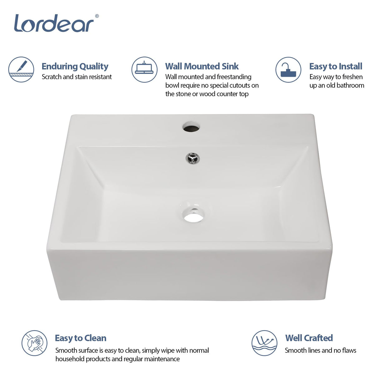 Lordear Floating Bathroom Sink Wall Mounted 21"x16" Bathroom Vessel Sink Free Standing Wall Hung Sink Rectangle White Porcelain Ceramic Vessel Vanity Sink Art Basin Lordear