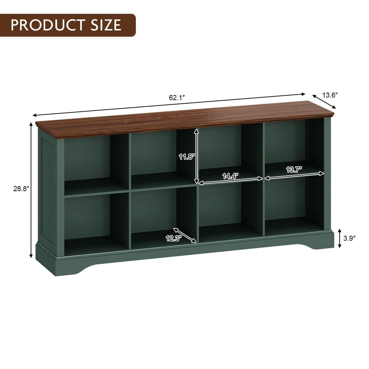 Athyrios 8 Cube Storage Organizer - 62" Long Farmhouse Wood Low Bookshelf, Horizontal Open Shelf Bookcase Cubby Storage Console Cabinet for Living Room, Entryway, Office, Green Athyrios