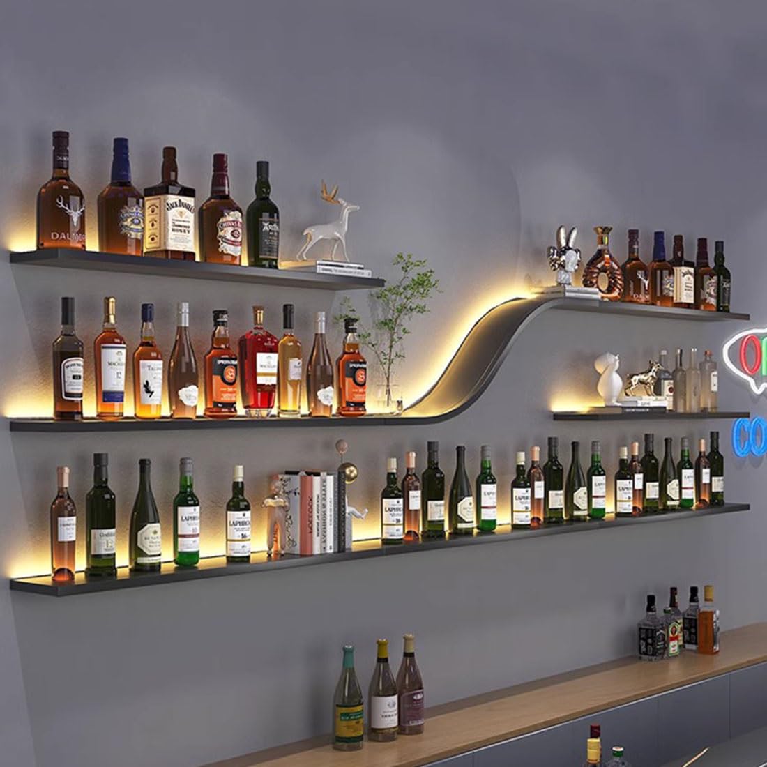 Modern Wall Mounted Wine Rack w/LED Light, Metal Wall Bar Shelves Storage Holder w/Glass Holder, Hanging Large Liquor Shelf for Liquor Bottles for Home Bar Dining Room(Yellow light,200CM/78.7IN) IRHIGBGX