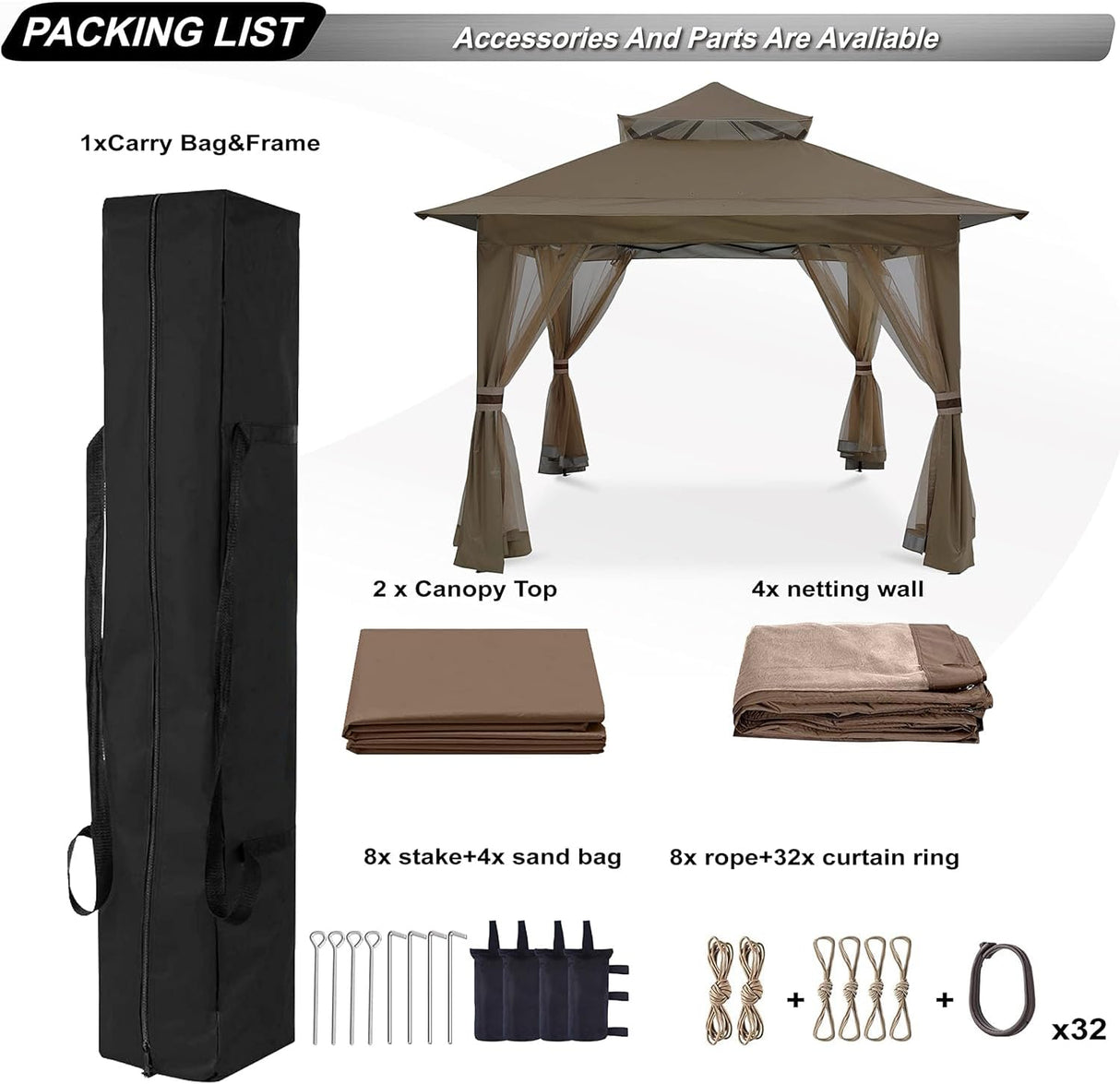 ABCCANOPY Pop Up Gazebo 13x13 - Outdoor Canopy Tent with Mosquito Netting for Patio Garden Backyard (Brown) ABCCANOPY