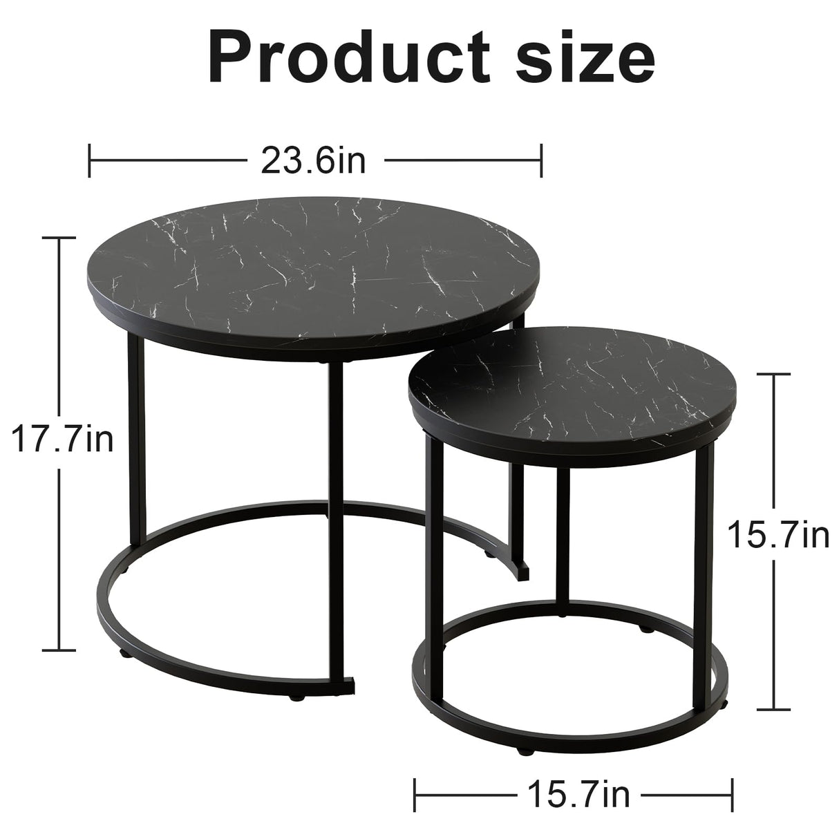 aboxoo Round Nesting Coffee Table Side Set of 2 End Tables for Living Room Bedroom Balcony,Black Faux Marble Wooden Table 23.6IN Accent Large Coffee Table with Steel Frame aboxoo