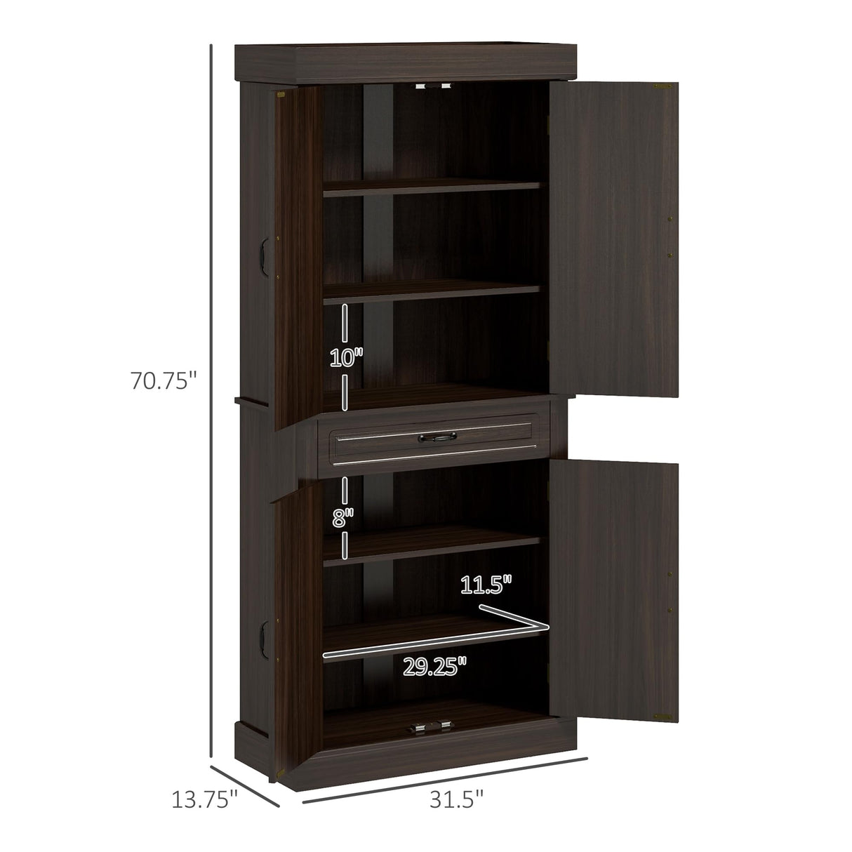 HOMCOM 71" Freestanding Kitchen Pantry Cabinet, Tall Storage Cabinet with 4 Doors and Drawer for Dining Room, Coffee HOMCOM