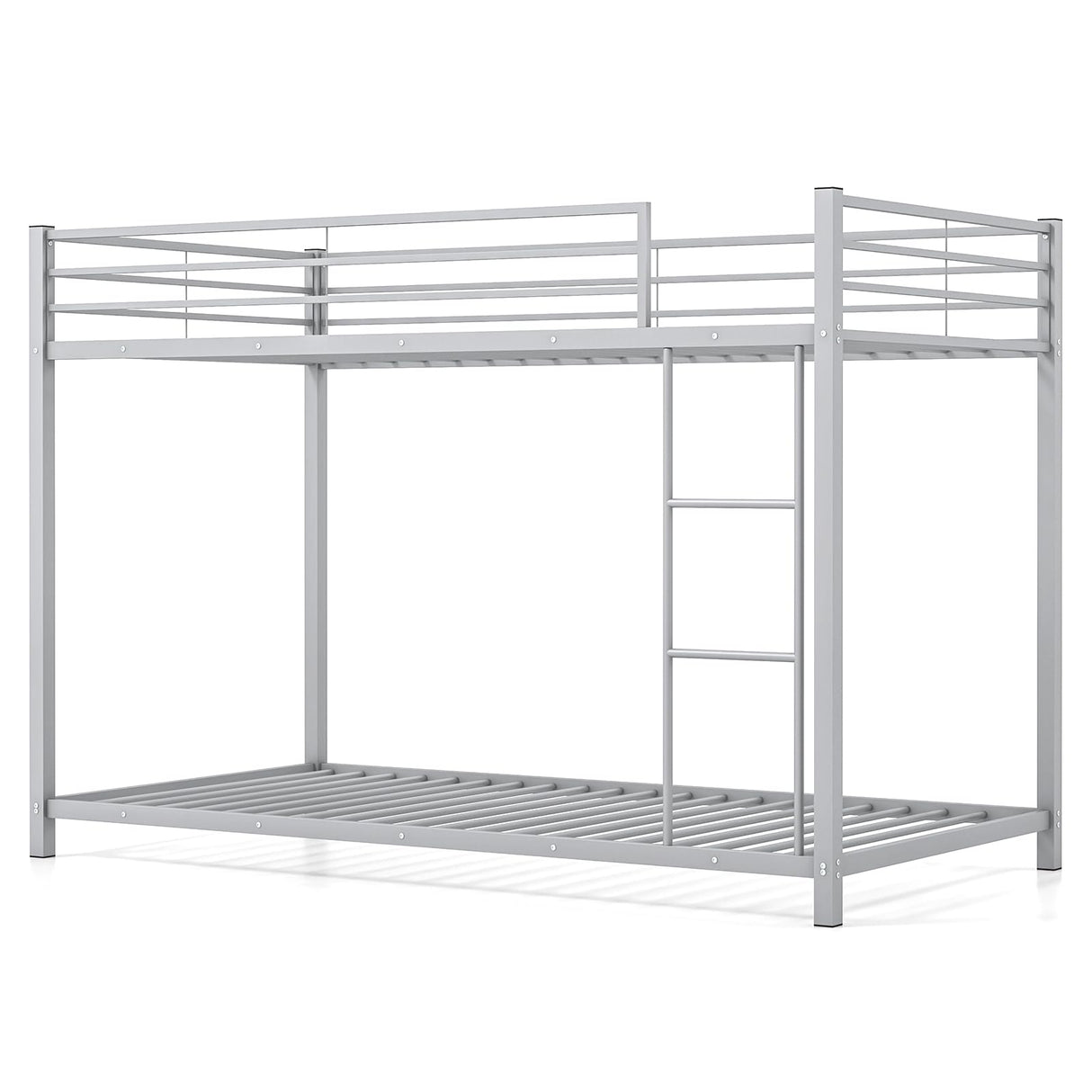 KOMFOTT Metal Low Bunk Bed Twin Over Twin, Heavy Duty Bunk Bed Frame with Ladder & Full-Length Guardrails, Metal Slatted Floor Bed Frame for Teens & Adults, No Box Spring Needed KOMFOTT