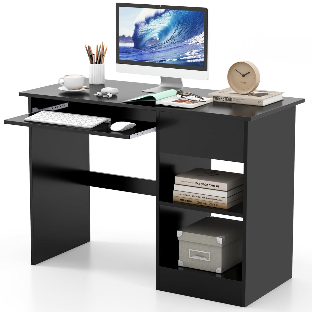 Tangkula Black Desk with Drawer, Wooden Computer Desk with Pull-Out Keyboard Tray & Adjustable Storage Shelves, Modern Laptop PC Desk with CPU Stand, Writing Study Desk for Bedroom (Black) Tangkula
