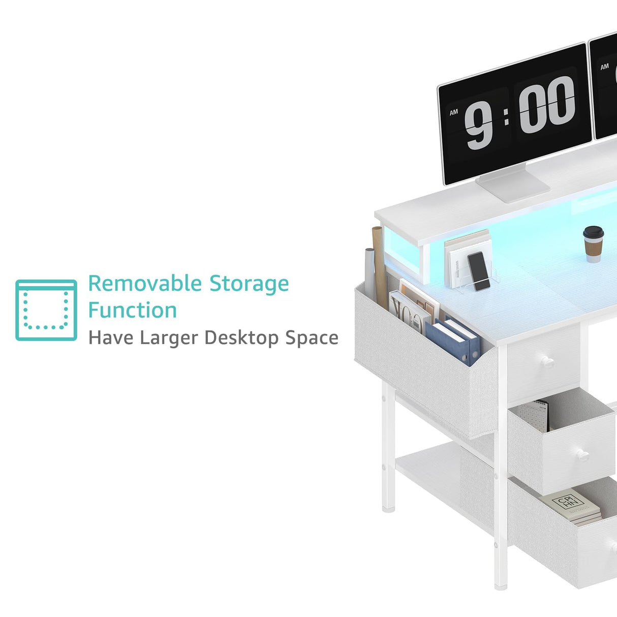 Lufeiya White Computer Desk with Fabric Drawers & Storage Shelves, 47 inch Home Office Desk with Monitor Stand, Gaming Desk with LED Lights and Power Outlets, White Lufeiya