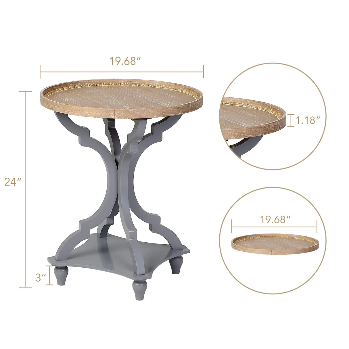 Wnutrees Farmhouse Round Accent End Table, Rustic Side Table Nightstands for Living Room Bedroom, Wood Tray Top, Handcrafted Finish, Set of 2, Grey Wnutrees