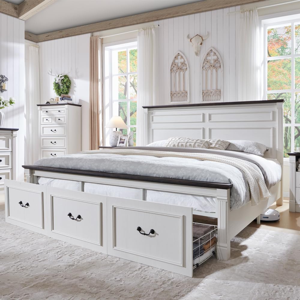Aitjunz Farmhouse King Size Bed Frame with 51" Tall Headboard, Wood Platform Bed Frame with 20" Tall Roman Column Decoration Footboard & 3 Large Storage Drawers, No Box Spring Needed (White) Aitjunz